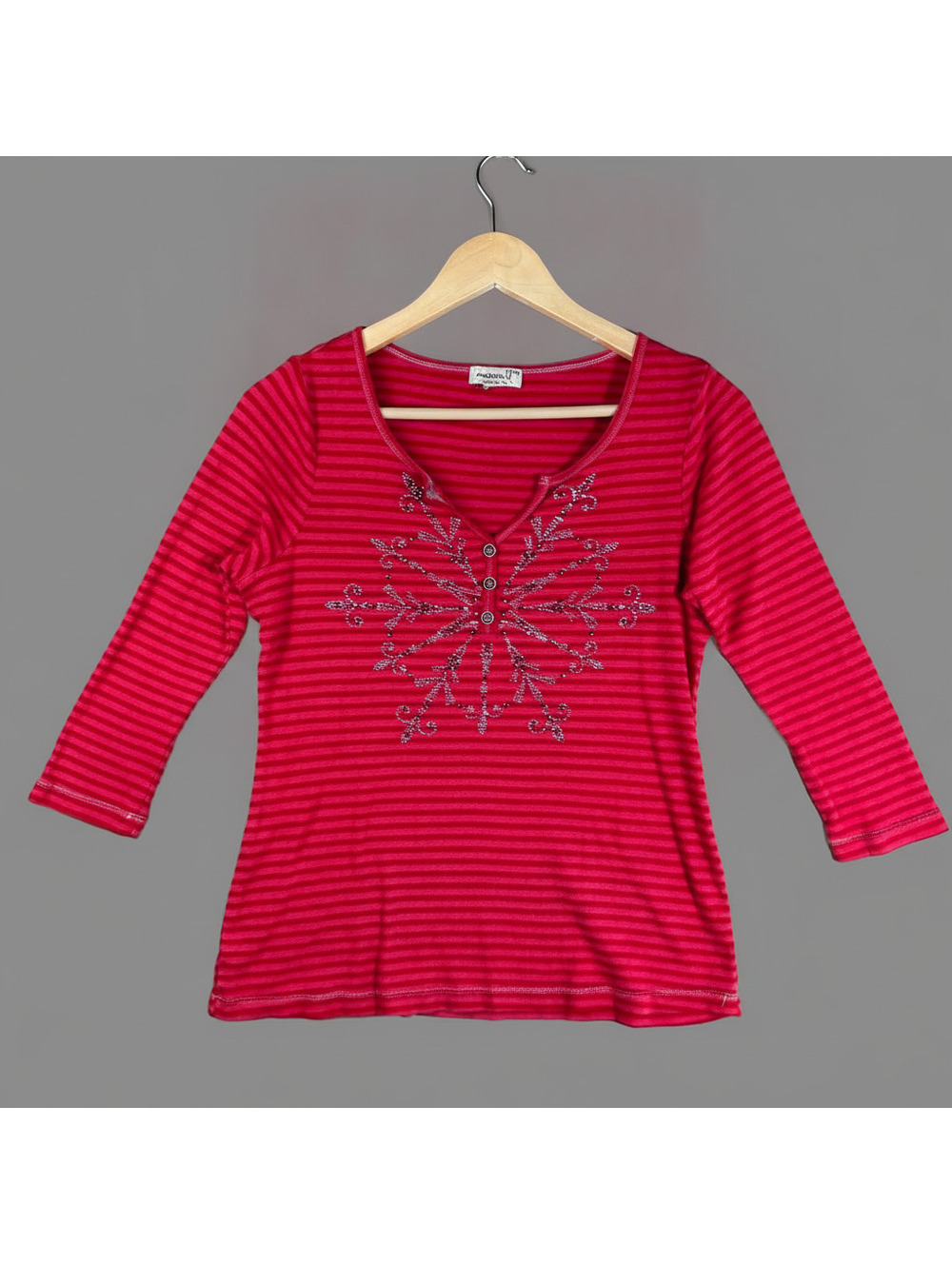 OneWorld Pink Red Striped Embellished Snowflake 3/4 Sleeve Top Boho Size PM